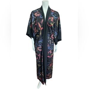 VINTAGE Michel Robichaud Black Satin Floral Long Kimono Robe – Made in Canada